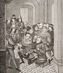Os deputados dos Ghent Burghers pedem perdão a Luís II por sua revolta contra ele em 1397, com base em uma miniatura de um livro de Jean Froissart (c.1333-1404), de "Le Moyen Age et La Renaissance", de Pa.